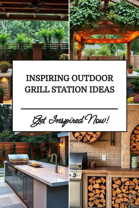 Collage of stylish outdoor grill station designs with lush greenery and wooden accents. Covered Grill Station, Grill Station Ideas, Grilling Area, Rustic Fire Pits, Outdoor Cooking Spaces, Outdoor Grill Station, River Rock Landscaping, Grill Island, Grill Station