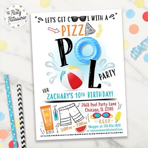 Pizza Pool Party Birthday Invitation Pool Party Digital | Etsy Printable Pizza, Pool Party Food, Pool Party Birthday Invitations, Hip Hop Party, Pool Birthday Party, Pizza Party, Sleepover Party, Welcome To The Party, Pajama Party