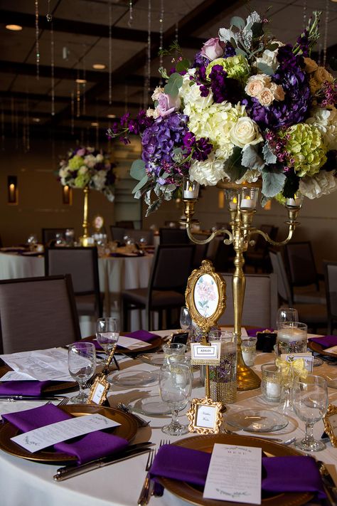 Lilac And Gold Decor, Tall Purple Wedding Centerpieces, Purple And Green Reception Decor, Purple White And Gold Wedding Table Settings, Lilac Green And Gold Wedding, Purple Green Decor, Dark Purple And Gold Quinceanera Theme, Purple Gold Decor, Lilac Reception Decor