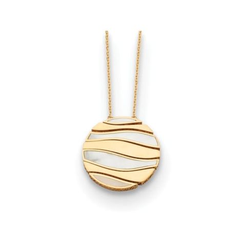 14K yellow gold mother of pearls embedded wave circle pendant necklace with polished finish and lobster clasp. Chain measures approximately 18"L x 1/16"W, pendant measures approximately 1"L x 1"W. Pendant Jewelry Design, Antique Necklaces Design, Antique Necklaces, Mother Of Pearl Pendant, Gold Waves, Circle Pendant Necklace, Antique Necklace, Resin Necklace, Circle Necklace