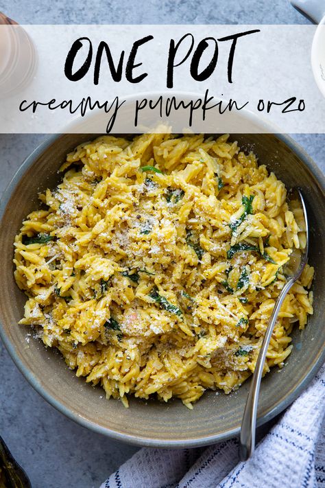 Made in one pot and packed with cozy fall flavors, this creamy pumpkin orzo is perfectly cheesy, creamy, and loaded with flavorful pumpkin, wilted spinach, and tender orzo. Pumpkin Orzo, Pumpkin Alfredo Sauce, One Pot Orzo, Orzo Recipe, Wilted Spinach, Slow Cooker Pumpkin, Orzo Recipes, Fall Flavors, Best Comfort Food