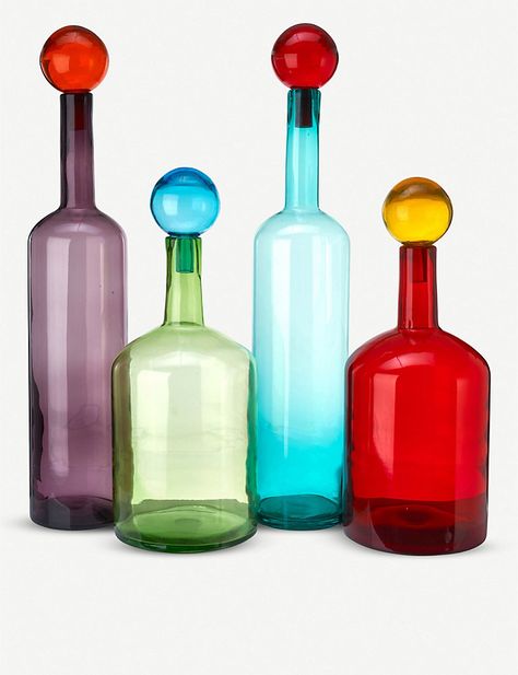 Glass Bottle Collection, Coloured Glass Bottles, Pink Glass Bottle, Colour Glass Vase, Glass Decanter Set, Colored Glass Vases Contemporary, Bubble Bottle, Colored Glass Bottles, Verre Design