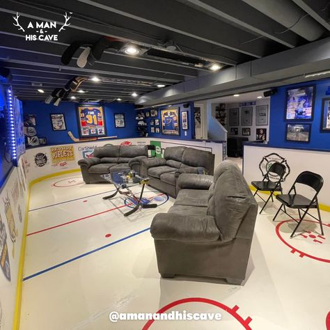 Hockey Basement Man Caves, Nhl Man Cave, Hockey Man Cave Ideas, Hockey Themed Basement, Hockey Basement Ideas, Basement Hockey Rink, Sports Basement Ideas, Ice Hockey Room, Hockey Themed Bedroom