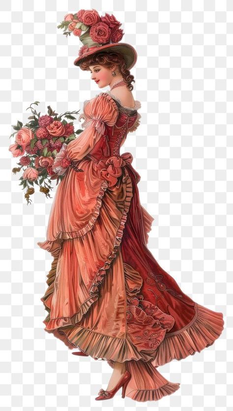 Victorian Women Fashion, Soft Victorian Aesthetic, Lady Holding Flowers, Artist Corner, Victorian Fashion Women, Victorian Illustration, Pink Victorian, Flower Dance, Victorian Aesthetic