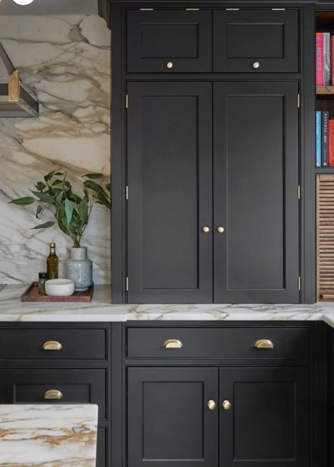 Black Pantry Cabinets, Black Stained Kitchen Cabinets, Iron Ore Kitchen Cabinets, Black Ikea Kitchen, Black Shaker Kitchen, Moody Kitchens, Clean Kitchen Design, Black Cabinetry, Luxurious Kitchens