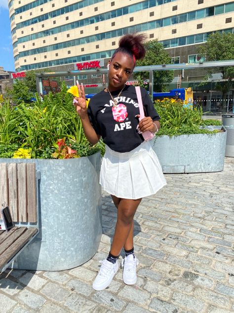 Pink Bape Shirt Outfit, Bathing Ape Outfit, Bape Shirt Outfit, Outfits With Forces, Shirt Skirt Outfit, Girly Streetwear, Bape Shirt, Bape Outfits, Boujee Outfits