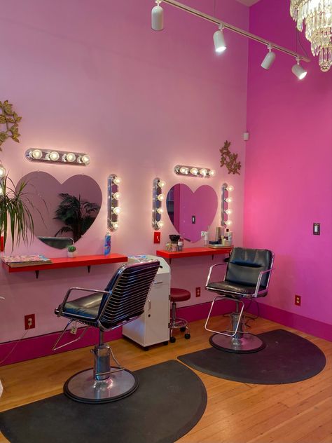 1950s Beauty Salon, Hair Salons Aesthetic, Hot Pink Salon Aesthetic, Pink Salon Chair, Pink Cosmetology Aesthetic, Pink Hair Salon Aesthetic, Pink Barbershop, Pink Hair Salon Decor, Salon Owner Aesthetic