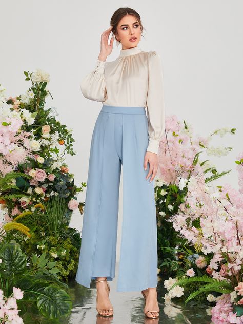 Baby Blue Elegant   Polyester Plain Wide Leg Embellished Non-Stretch Spring Women Bottoms Pale Blue Trousers Outfit, Sky Blue Outfits For Women, Light Blue Trouser Outfit Women, Sky Blue Pants Outfit, Light Blue Trousers Outfit, Blue Wide Leg Pants Outfit, Elegant Pants Outfit, Blue Trousers Outfit, Blue Wide Leg Trousers