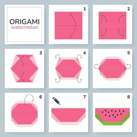 Watermelon origami scheme tutorial moving model. Origami for kids. Step by step how to make a cute origami fruit. Vector illustration. Summer Origami, Origami For Kids, Cute Origami, Bday Gifts, Fruits For Kids, Fruit Vector, Origami Patterns, Bday Gift, Paper Folding