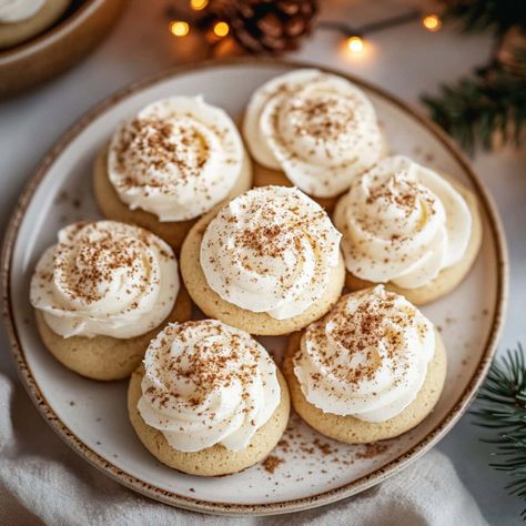 Spread some holiday cheer with these frosted eggnog cookies! They're delightfully soft, perfectly spiced, and topped with a rich & creamy eggnog frosting. Eggnog Icing, Egg Nog Frosting Recipe, Chai Eggnog Cookies, Egg Nog Cookies, Eggnog Frosting Recipe, Gingerbread Cookies With Eggnog Frosting, Vanilla Brown Sugar Eggnog Cookies, Creamy Eggnog, Meltaway Cookies