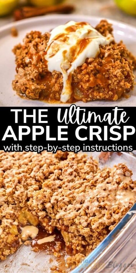 THE ULTIMATE APPLE CRISP RECIPE - Imagine this: tender, succulent apple chunks baked to perfection, crowned with a delicious medley of crisp oats, rich brown sugar, and heartwarming fall spices. It’s amazing, served with a generous scoop of vanilla ice cream and homemade caramel sauce. Homemade Baked Apples, Apple Crisp Recipe With Oats, Homemade Apple Crisp, Crisp Recipes, Easy Apple Crisp, Best Apple Crisp, Easy Apple Crisp Recipe, Apple Crisp Recipe, Apple Crisp Easy