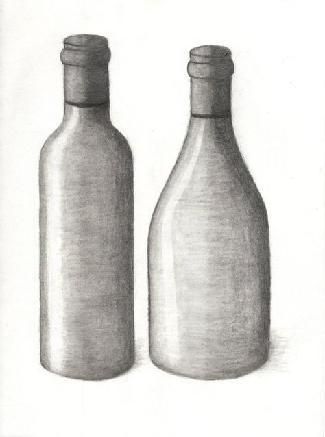 Two shaded bottles, nicely done.  I give good credit to whoever made this Still Live Sketching, Wine Bottle Drawing Simple, Bottle Still Life Drawing, How To Draw A Bottle, Bottle Drawing Sketch, Wine Bottle Drawing, Drawing Bottle, Still Life Pencil Shading, Bottle Sketch