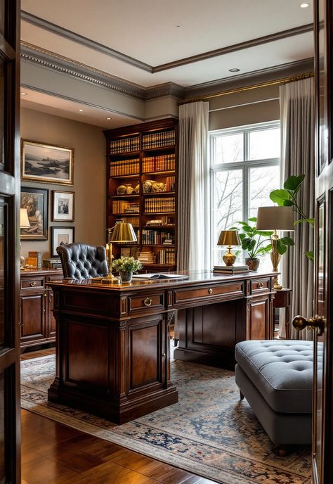 Old Money Living Room Craftsman Style Home Office, Mahogany Office Decor, China Cabinet In Office, Nancy Meyers Home Office, Ralph Lauren Office Aesthetic, Old Money Office Decor, Old Money Office Aesthetic, Old Money Home Office, Study Room Classic