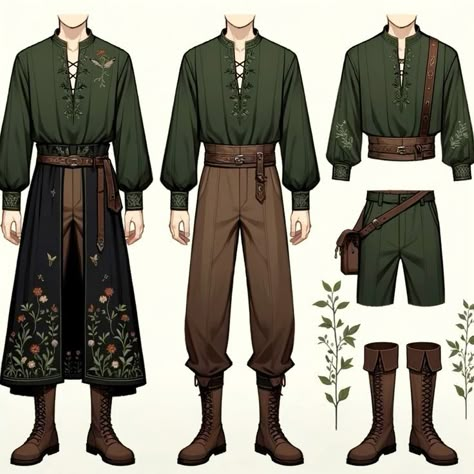 Mens Hobbit Outfit, Casual Dnd Outfits Male, Fairytale Clothes Male, Forest Clothes Drawing, Medieval Clothing Aesthetic Men, Botany Scholar Clothing, Common Clothes Dnd, Male Fairy Clothes, Medieval Aesthetic Outfit Male