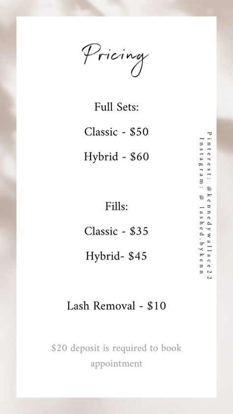 Lash Pricing List, Lash Prices List, Prices For Lashes, Lash Pricing, Lash Tech Aesthetic Wallpaper, Eyelash Extensions Business, Lash Tech Prices, Lash Tech Essentials List, Lash Prices