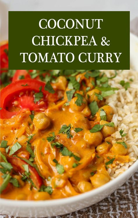 With a creamy, curry-spiced sauce and so much tomato goodness, Chickpea and Tomato Curry is one of my favorite dinner recipes lately! It comes together super quickly - in less then 30 minutes - on the stovetop, and chickpea tomato curry leftovers make basically the best leftovers in the history of leftovers. Curry Vegetarian Recipes, Chickpea Tomato Curry, Tomato Curry Recipe, Veggie Curry Recipes, Indian Curry Recipes Vegetarian, Chickpea And Tomato Recipe, Indian Recipes For Dinner, Chickpea Curry Coconut Milk, Veg Curry Recipes