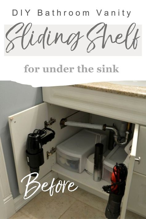 Dyi Vanity, Build A Bathroom Vanity, Build A Bathroom, Diy Bathroom Sink, Diy Sink, Bathroom Sink Diy, Under Bathroom Sink, Sliding Shelf, Bathroom Vanity Drawers