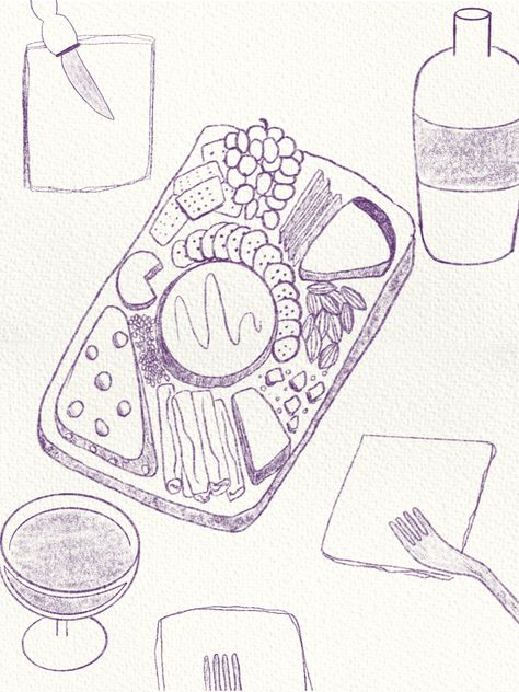 Delicious picnic print for all the cheese-lovers out there Cheese Board Drawing, Charcuterie Board Doodle, Cheese Board Illustration, Charcuterie Board Illustration, Charcuterie Board Drawing, Picnic Drawing, Dinner Drawing, Lineart Inspiration, Cheese Doodle