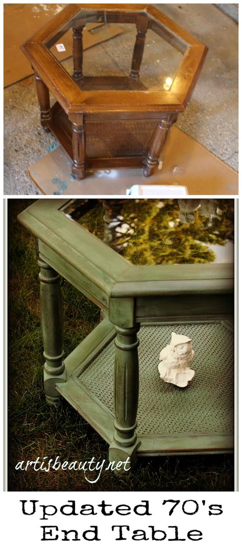 ART IS BEAUTY: Outdated 70's Hexagon Table REDO Hexagon Coffee Table Makeover, End Table Redo, Hexagon Table, Table Redo, 70s Furniture, Coffee Table Makeover, Furniture Fix, Western Furniture, Furniture Rehab