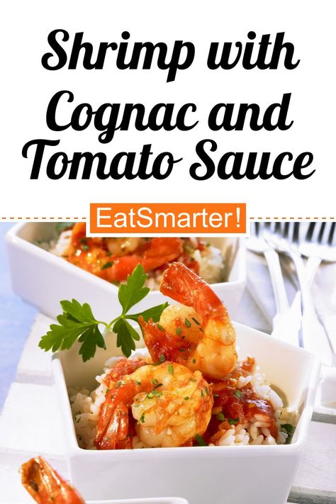 Protein-Power am Abend: Shrimp with Cognac and Tomato Sauce Over Rice - simple dish - So healthy is the recipe: 76.0/10 | A recipe idea by EAT SMARTER | Pescetarian, European, North America, What to Cook Today?, Easy, everyday meal, Seafood, Shellfish, Scampi, Rice, Dinner, Main Course #shrimp #healthyrecipes Scampi Rice, Dinner Main Course, Sauce Over Rice, Rice Dinner, Protein Power, Fried Shrimp, Eat Smarter, What To Cook, Tomato Paste