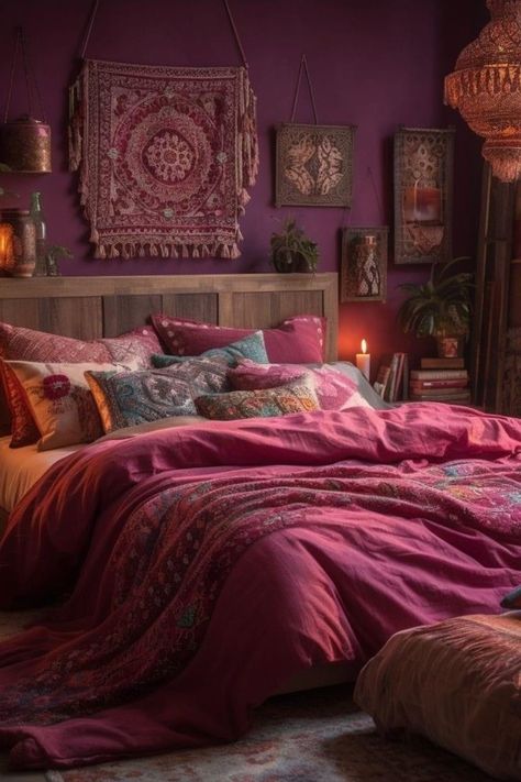 Magenta Room Bedrooms, Magenta Bedroom Walls, Boho Bedroom Purple Walls, Magenta Boho Bedroom, Magenta Room Ideas, Magenta Bedroom Ideas, Whimsigothic Style, Bedroom Design Ideas For Women, Magenta Bedroom