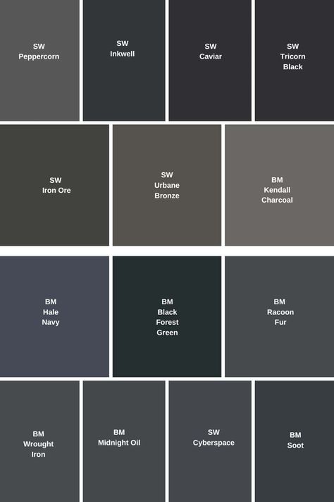 14 Best Dark and Moody Benjamin Moore & Sherwin Williams Paint Colors - West Magnolia Charm Dark Paint Guest Bathroom, Sherwin Williams Goth Aesthetic, Peppercorn Benjamin Moore, Midnight Benjamin Moore Cabinets, Deep Space Benjamin Moore, Benjamin Moore Dark Exterior Paint, Midnight Benjamin Moore Paint, Wet Concrete Benjamin Moore, Moody Wall Colors Sherwin Williams