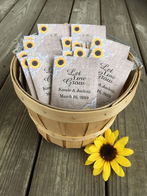 Seed Packet Wedding Favors - The Budget Bride | wedding planning | wedding ideas | wedding inspiration | budget weddings | DIY weddings | wedding favors ideas | ideas for wedding favors | affordable wedding favors | plant seeds | wedding guest gifts Wedding Seed Packet Favors, Sunflower Wedding Favors, Personalized Candy Wrappers, Beaufort Nc, Custom Seed Packets, Sunflower Wedding Decorations, Seed Packets Favors, Sunflower Themed Wedding, Seed Wedding Favors