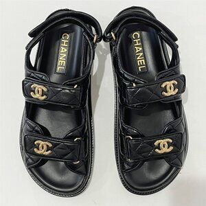 CHANEL | Shoes | Chanel Dad Sandals Black Size 375c | Poshmark Chanel Sandals Heels, Chanel Duffle Bag, Chanel Sandals Outfit, Channel Sandals, Platform Sandal Outfit, Chanel Dad Sandals, Chanel Shoes Sandals, Channel Shoes, Bling Car