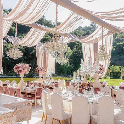 Whether a field, a mountaintop, a garden or a farm, the options are endless for an outdoor wedding! Style and planning @alianaevents… Ceiling Drapes, Wedding Arch Draping, Arch Draping, Farm Estate, Draping Wedding, Wedding Ceiling, Garden Reception, Luxury Wedding Decor, Draping Fabric