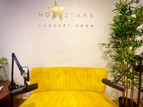 Podcast Office, Podcast Wall, Podcast Room, Podcast Ideas, Yellow Couch, Podcast Studio, Office Outfit, Office Set, North London