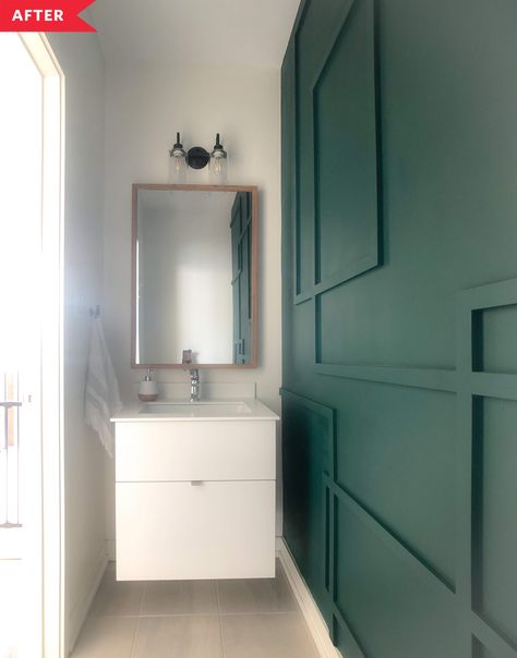 Plain White Bathroom, Bold Accent Wall, Green Accent Wall, Bold Bathroom, All White Bathroom, Green Accent Walls, Bathroom Accent Wall, Bathroom Accents, Custom Shades