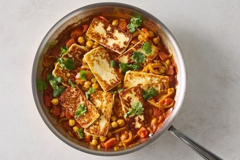 Tomato Gravy Recipe, Cooking Halloumi, Curried Chickpeas, Easy Skillet Chicken, Roasted Potato Salads, Spinach Artichoke Chicken, Fried Cheese, Vegetarian Comfort Food, Tomato Gravy