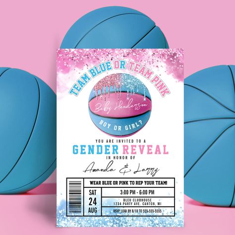 Gender Reveal Basketball Theme, Basketball Gender Reveal Decorations, Basketball Pregnancy Announcement, Sports Gender Reveal, Basketball Gender Reveal, Gender Reveal Unique, Basketball Baby, Gender Reveal Themes, Gender Reveal Party Invitations