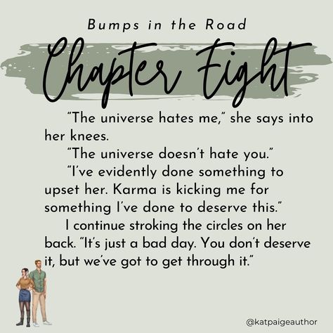 *slight spoilers* Favorite lines per chapter in Bumps in the Road (part 1) Bumps in the Road is available in ebook, paperback, and on Kindle Unlimited “A simple drive becomes an adventure full of misfortunes, breathtaking scenery, and undeniable attraction.” Tropes 💕enemies to lovers 💕best friend’s brother 💕road trip 💕forced proximity 💕demisexuality rep 💕dual POV 💕childhood friends 💕cinnamon roll MMC 💕open-door spice #romancebooks #romcombooks #indieromance #bookquotes #indieauthor #k... Romcom Books, Enemies To Lovers, Indie Author, Childhood Friends, Cinnamon Roll, Kindle Unlimited, Bad Day, Romance Books, Book Quotes