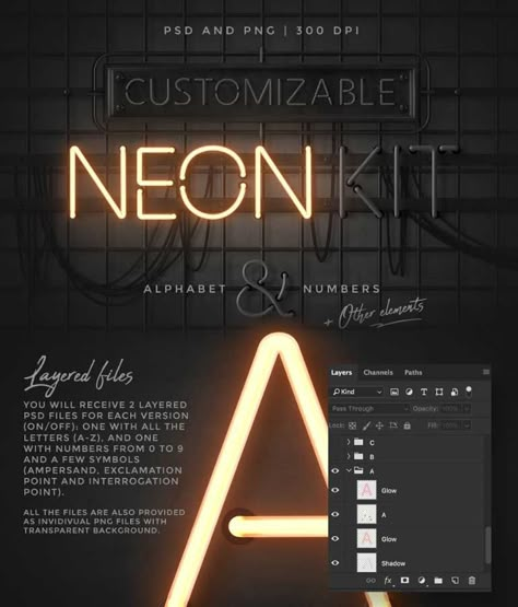 Neon Alphabet Kit https://www.divineworks.biz/neon-letters-photoshop-kit/ Create your own neon signs inside Photoshop with ease using this kit! It includes the uppercase alphabet (A-Z) and numbers from 0-9...  #graphicdesign #neonsigneffect #adobephotoshop #PSD #digitalneoneffect #creativemarket #DivineWorks Neon Lettering, Neon Font, Neon Typography, Grafic Art, Neon Letters, Neon Text, Light Font, Uppercase Alphabet, Adobe Illustrator Graphic Design