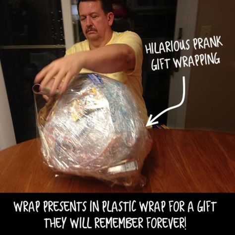 Wrap a gift in plastic wrap multiple times to make it hard to unwrap- fun party prank Plastic Wrap Ball Game, Plastic Wrap Ball, Wrap Ball Game, Prank Gifts, Gift Wrapping Techniques, Christmas Money, Cling Wrap, Muffin Tins, Weird Shapes