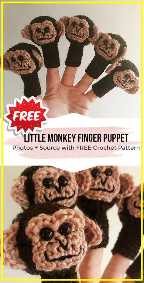 Crochet Monkey Finger Puppet, Free Crochet Finger Puppet Patterns, Crocheted Puppets, Monkey Finger Puppet, Amiguri Patterns, Crochet Finger Puppets, Crochet Puppets, Speckled Frogs, Crochet Butterfly Free Pattern