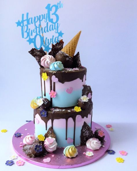 Ice Cream Drip Cake, Drip Birthday Cake, 26 Birthday, Cake Nozzles, Chocolate Ice Cream Cake, Candyland Cake, Dessert Aesthetic, 14th Birthday Cakes, Ice Cream Birthday Cake