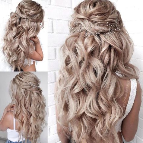 Wedding Hair Down For Long Hair, Bridal Hairstyle With Braids, Wedding Hair Color Ideas Brides, Bridal Hair Half Up Boho, Long Hairstyles Wedding Bridal, Wedding Hair With Extensions Half Up, Viking Bridal Hairstyles, Bridesmaid Hairstyles To The Side, Bride Hairstyles Half Up Half Down Brunette