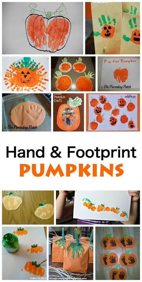 Hand and Footprint Pumpkins. Great fall art activity for kids! Footprint Pumpkin, Thanksgiving Crafts For Babies, Art Activity For Kids, October Crafts, Footprint Crafts, Manualidades Halloween, Zucca Halloween, Footprint Art, Foot Print