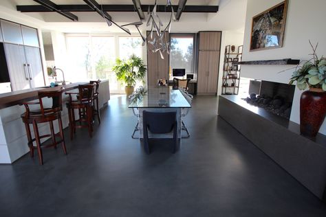 Black Stained Concrete, Dark Cement Floor, Black Concrete Floors, Industrial Basement Ideas Black Ceiling Concrete Floors, Black Stained Concrete Floors, Polished Black Concrete Floor, Dark Brown Concrete Floors, Concrete Floors In House, Decorative Concrete Floors