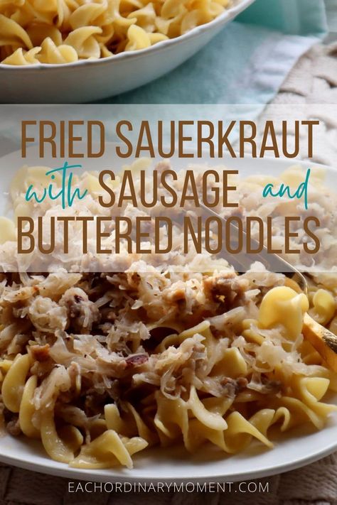 Tangy, slightly sweet sauerkraut, flavor-packed pork sausage, and warm, buttery noodles come together to make a simple weeknight dinner that is comfort food at its finest (and easiest!). With just five ingredients (unless you count the freshly ground pepper), this is a delicious weeknight dinner recipe that is cheap and easy to make for those busy nights when everyone is hungry. You need a delightful go-to recipe that the whole family will be excited to eat, and this is it! Egg Noodles Sausage, Italian Sausage And Sauerkraut, Ground Beef Sauerkraut Recipes, Sauerkraut Noodles And Sausage, Sauerkraut And Noodles Recipes, Sourkrout And Sausage Recipe, Dinner Recipes With Sauerkraut, Saurkraut And Ground Beef Recipes, Saurkraut Recipes With Potatoes