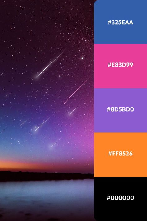 Hopefully, you managed to get a sneak of the Perseid meteor shower and maybe even make a wish. In case you missed it, w ehave a bit of consolation for you in the form of a color palette. Design anything you want and get inspired by shooting stars aesthetics. #designinspiration #graphicdesign #bannerdesign #bannerads #stars #starsaesthetic #universeaesthetic Galaxy Colors Palette, Celebration Color Palette, Galaxy Design Ideas, Astronomy Color Palette, Cosmic Colour Palette, Starlight Color Palette, Celestial Colour Palette, Galaxy Colour Palette, Star Wars Color Palette