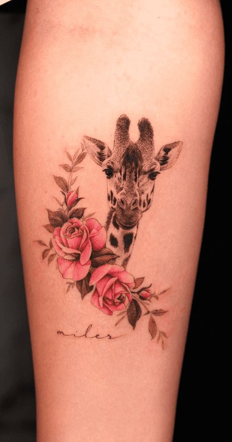 Giraffe Tattoo Design, Minimalist Giraffe Tattoo, Giraffe Flower Tattoo, Giraffe And Flower Tattoo, Giraffe Arm Tattoo, Giraffe Tattoo With Flowers, Giraffe Mandala Tattoo, Giraffe Memorial Tattoo, Giraffe Tattoo