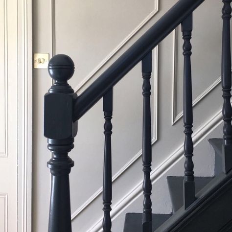 Blue Hallway Ideas, Period Home Interiors, Blue Staircase, Painted Wood Stairs, Victorian Staircase, Black Stair Railing, Blue Hallway, Black Staircase, Hall Stairs