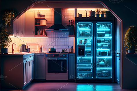 Cyberpunk Kitchen, Sci Fi Kitchen, Sci Fi Bedroom, Cyberpunk Architecture, Cyberpunk House, Cyberpunk Apartment, Cyberpunk Interior, Smart House, Evening Light