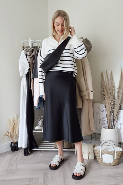 Caramel Loafers Outfit, Black Satin Dress Casual Outfit, Black Satin Midi Skirt Outfit Summer, White Fisherman Sandals Outfit, Black Satin Skirt Outfit Winter, Midi Skirt Outfit Black, Dress Jumper Outfit, Black Satin Dress Outfit, Satin Black Skirt Outfit