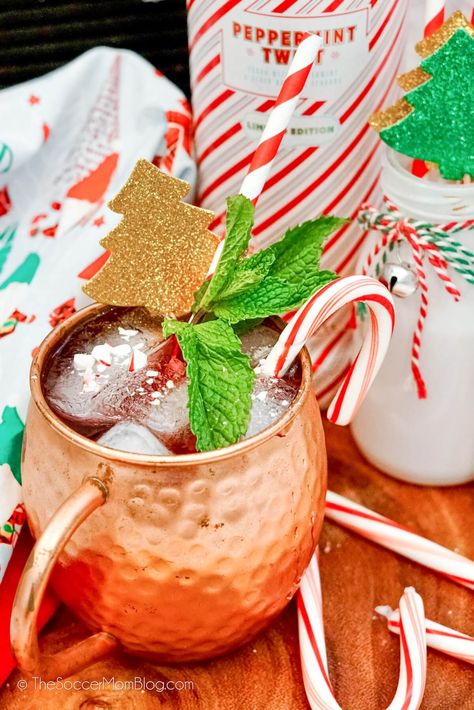 This Christmas Moscow Mule is a festive spin on the classic mule, with tart cranberry juice and icy peppermint! Candy Cane Cocktail Recipe, Christmas Moscow Mule, Christmas Mule, Candy Cane Martini Recipe, Candy Cane Martini, Christmas Jello Shots, Peppermint Cocktail, Apple Cider Moscow Mule, Peppermint Vodka