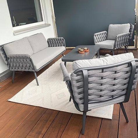 4 Pieces Aluminum Frame Rope Outdoor Patio Furniture with Coffee Table, All-Weather Modern Deep Seating Sofa Set, Outdoor Patio Set with Cushions Deep Seated Sofa, 125 Pounds, Outdoor Patio Set, Coffee Table Grey, Outdoor Bistro Set, Patio Sofa, Rope Design, Glass Top Table, Conversation Set Patio