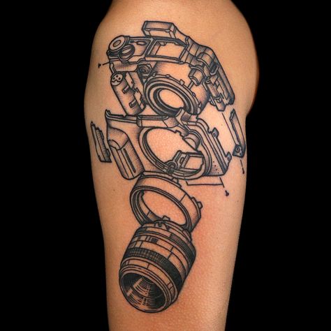 Camera Tattoo by Angel Rose Photographers Tattoo Ideas, Photography Tattoo Ideas Men, Schematic Tattoo Ideas, Cameras Tattoos, Camera Tattoo Ideas, Photography Tattoos, Photography Tattoo Ideas, Photographer Tattoo Ideas, Schematic Tattoo